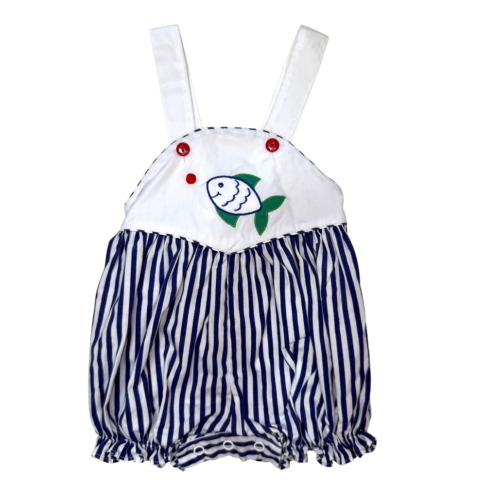 Vintage 90s Nautical Baby Romper Size 6–9M Blue & White Stripes  Fish Appliqué